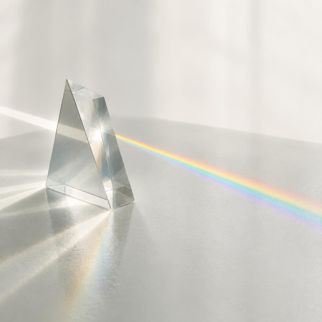 White light refracting through a glass prism into a spectrum